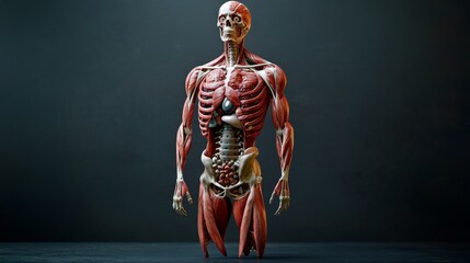 Present a realistic image of human body anatomy, featuring a lifelike model that displays detailed musculature, organ placement, and skeletal structure, illuminated to emphasize the complexity 