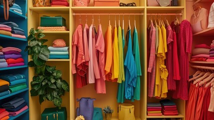 A vibrant wardrobe filled with colorful clothing, neatly organized with a variety of tops, pants, and accessories for stylish outfits.