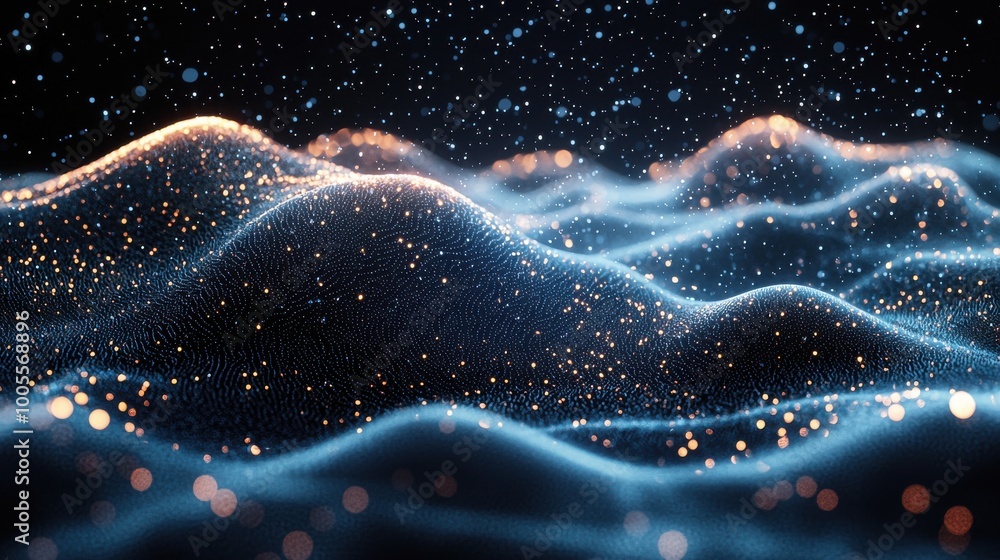 Poster abstract representation of shimmering waves illuminated by sparkling light against a dark background