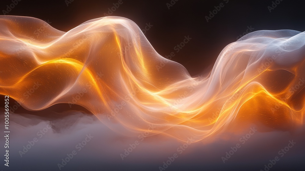 Poster flowing abstract waves of light and energy illuminated against a dark background in a surreal artist