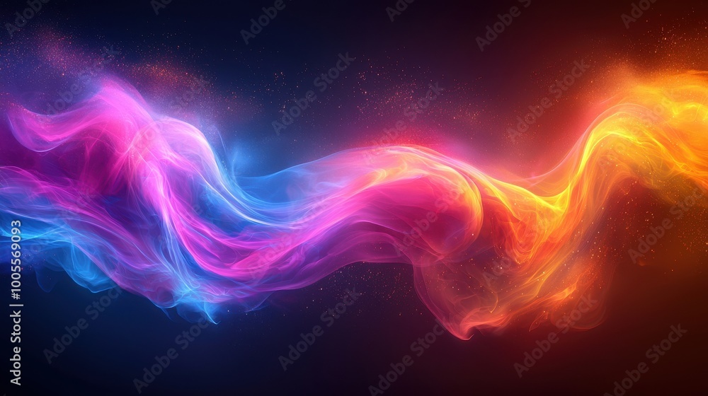 Poster Colorful waves of light swirl gracefully through the dark background, creating a mesmerizing visual effect that captivates the viewer
