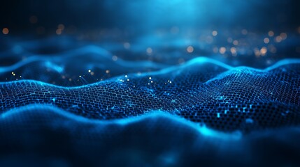 Abstract blue digital wave with glowing particles.
