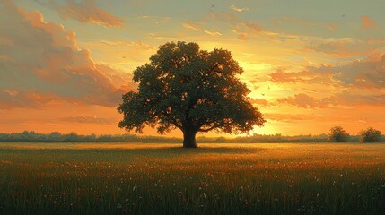 Fototapeta premium A serene sunset over a lone tree in an open field surrounded by gentle grasslands and vibrant clouds