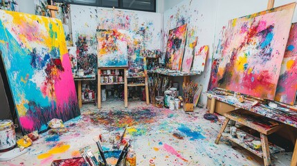An artist's studio filled with vibrant canvases, paintbrushes, and splattered paint.