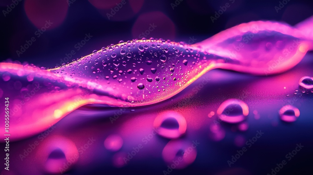 Wall mural colorful illuminated water droplets create an abstract wave pattern on a dark surface with a soft bo