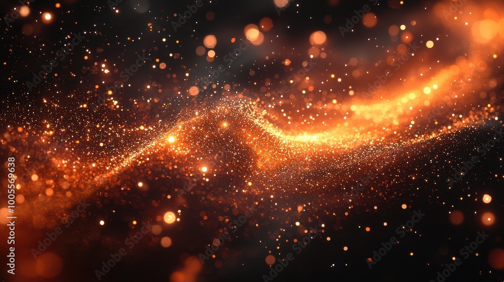 Poster abstract swirling patterns of shimmering orange and gold particles in a dark background create a mes