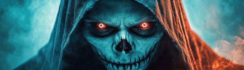 Naklejka premium A cloaked figure with altered eyes, their malicious gaze veiled, offering unknown powers to a young hero, danger concealed in a mystical bargain