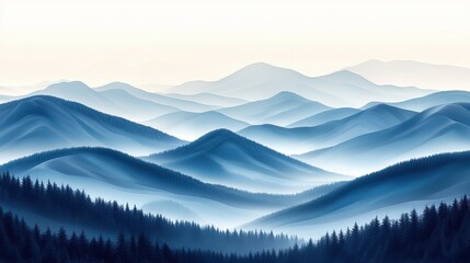 Obraz premium Serene layers of misty blue mountains and evergreen forests at dawn in a tranquil landscape