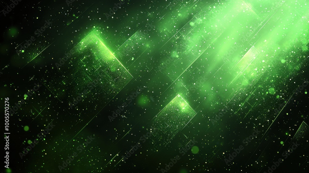 Poster abstract green texture with light patterns and particles in a dark space environment