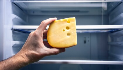 a person's hand removes a piece of cheese from the refrigerator to eat