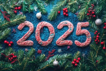 Festive 2025 numerals made of yarn surrounded by ornaments on a blue background. New Year celebration concept