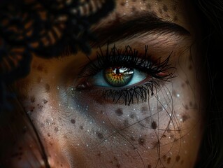 Close Up Portrait of a Woman's Eye with Freckles and Long Eyelashes