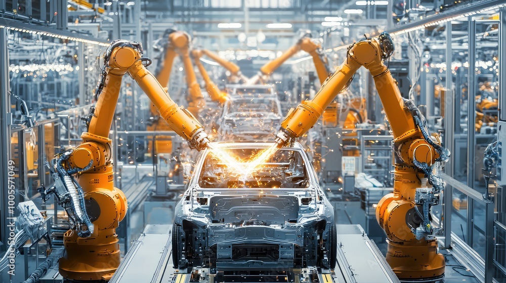 Poster advanced robotic arms assembling a car in a modern factory, showcasing automation and precision engi