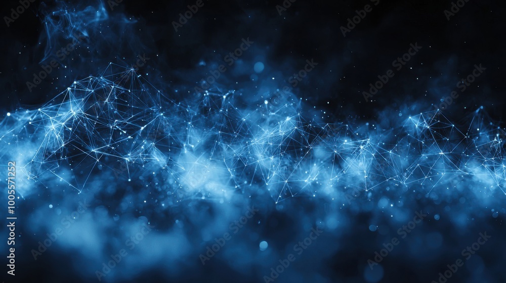 Poster abstract blue digital network with glowing connections in dark space creating a futuristic atmospher
