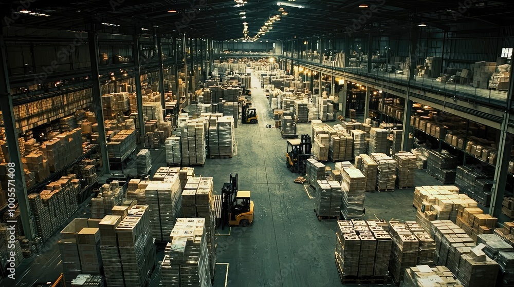 Poster aerial view of a busy warehouse filled with stacked boxes, pallets, and forklifts operating within a
