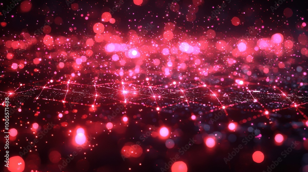Poster magical red sparkle field illuminated at night with vibrant glowing particles and shimmering effects