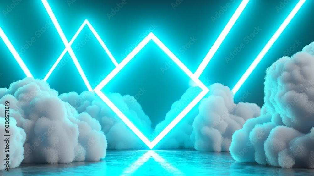 Poster an abstract futuristic background with neon geometric shapes and stormy clouds in the night sky. a r