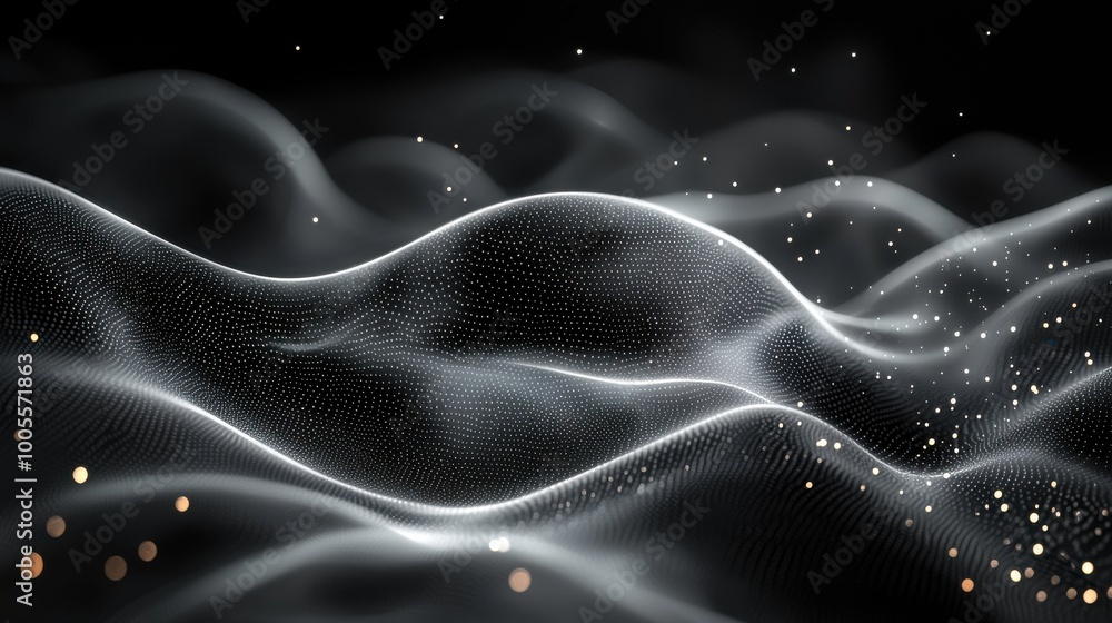 Poster a mesmerizing landscape of luminous waves creating an ethereal effect with sparkling particles again