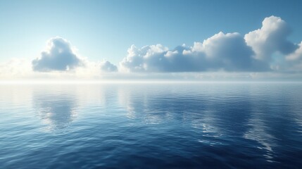 Obraz premium Tranquil morning over calm ocean waters with soft clouds reflecting on the surface at dawn