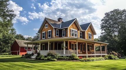 Obraz premium Create a classic farmhouse with a wraparound porch, wooden siding, and a red barn in the background