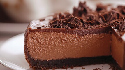 Create a close-up shot of a chocolate cheesecake with a crumbly crust and creamy chocolate filling.