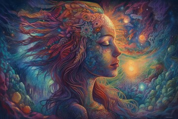 A vibrant, cosmic portrait of a woman with nature-inspired elements.