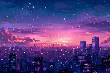 Obraz premium A city skyline at sunset with a purple sky. The city is lit up with lights and the sky is filled with stars