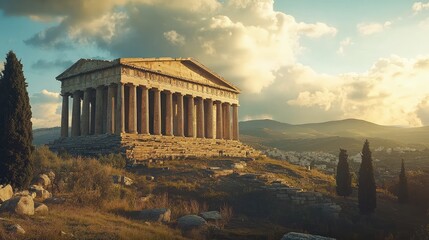 Obraz premium An ancient temple stands majestically on a hillside under a picturesque sky, symbolizing the grandeur of classical architecture.