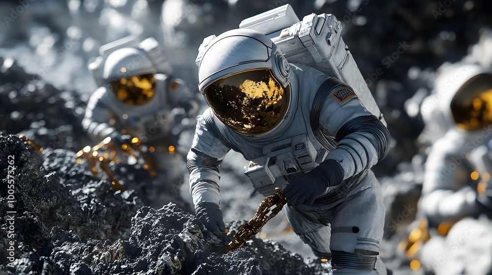 Wall mural astronauts exploring an asteroid 3d rendering.