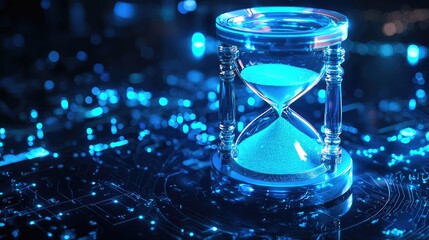 An artistic hourglass glows with blue light, symbolizing time and technology in a digital world.