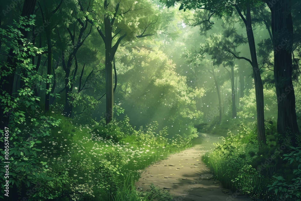 Poster a forest path with a lot of trees and grass