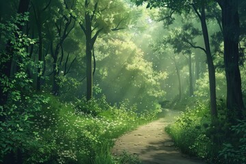 Fototapeta premium A forest path with a lot of trees and grass