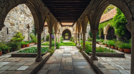 Naklejka premium An enchanting stone cloister with lush greenery, perfect for capturing tranquility and architectural beauty in serene surroundings.
