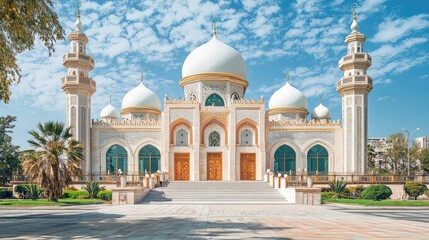 Fototapeta premium An exquisite architectural masterpiece featuring grand domes and elegant details under a bright blue sky.