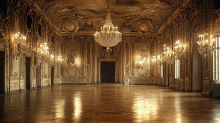 Obraz premium An opulent ballroom with ornate decor, shimmering chandeliers, and polished wooden floors, perfect for elegance and luxury themes.