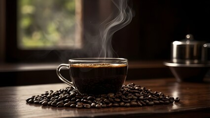 A cup of black coffee or espresso sitting on a dark wooden table with freshly roasted coffee beans.