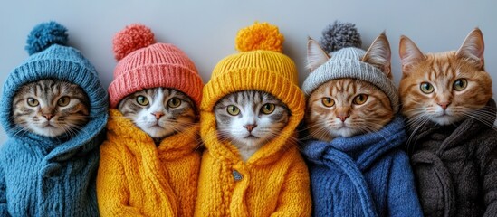 Four cats wearing knitted hats and sweaters looking directly at the camera.