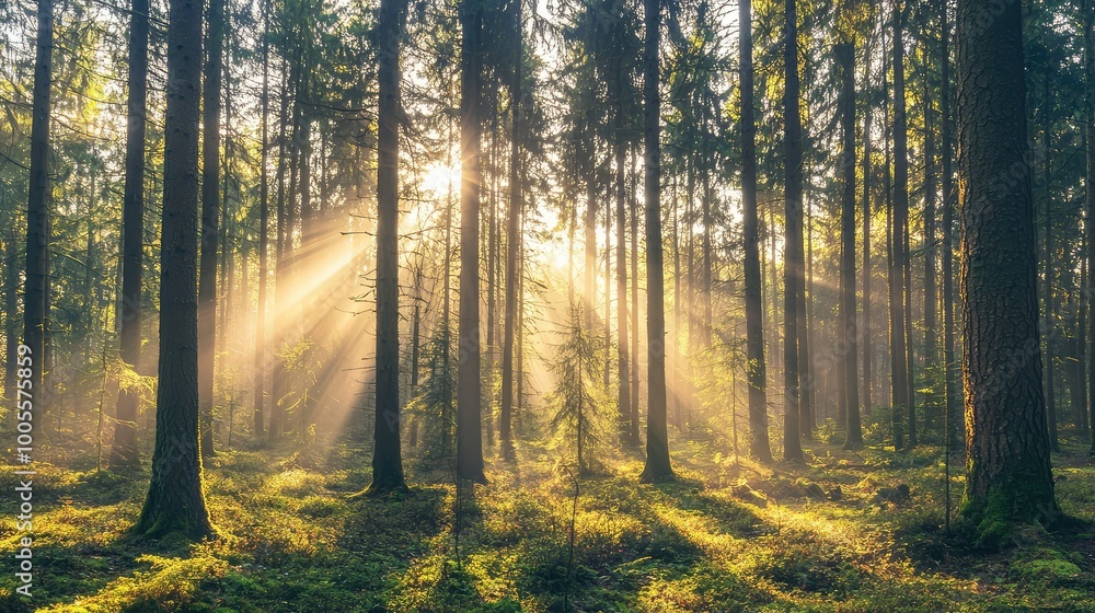 Poster beautiful forest scene with sunlight filtering through tall trees, creating a serene and magical atm