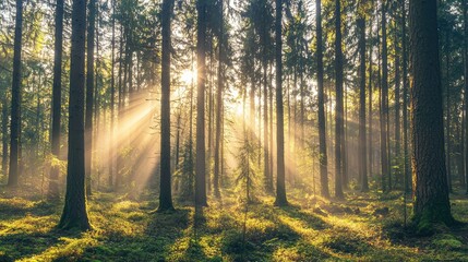Fototapeta premium Beautiful forest scene with sunlight filtering through tall trees, creating a serene and magical atmosphere.