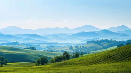 Fototapeta premium Breathtaking landscape featuring rolling green hills, serene mountains, and a tranquil atmosphere in soft, warm light.