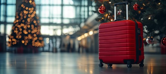 banner of Red suitcase on christmas background in airport , concept of Christmas holiday 
