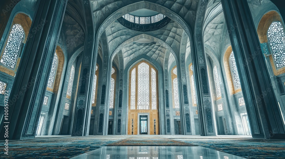 Poster captivating interior view of a grand mosque showcasing intricate architecture and stunning light fil
