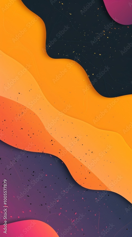 Poster dynamic abstract design featuring vibrant orange, yellow, and purple wave patterns with textured det