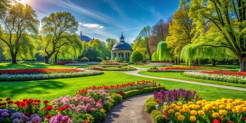 Obraz premium In Munich's serene park, vibrant flower beds and majestic trees flourish in springtime, inviting visitors to enjoy a