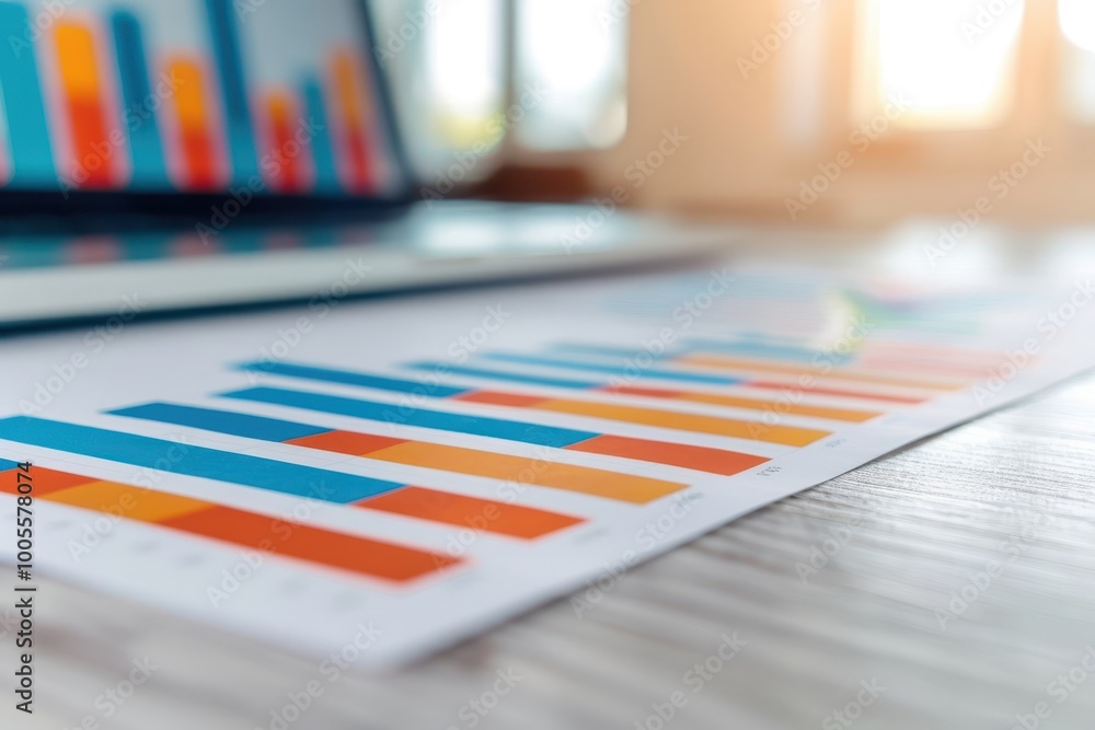 Poster a close-up view of colorful bar graphs and charts placed on a desk, with a laptop in the background,