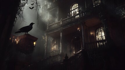 A moody detective investigates a haunted cobweb covered Victorian manor searching for clues in the eerie flickering candlelight and high contrast chiaroscuro of a gothic horror atmosphere