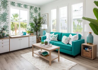 A living room with white and leafy wallpaper in the real photo has a turquoise sofa, fresh plants, wooden desk, and an empty wall for your poster