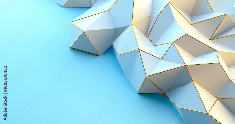 Poster background of white low poly with golden edges. 3d rendering.