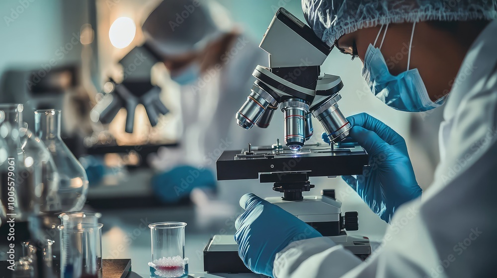 Poster close-up of a scientist using a microscope in a laboratory, focused on research and analysis with la