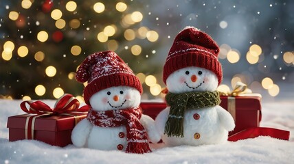 Winter celebration, Christmas celebration, snowman and gift boxes, dreamy mood, with Christmas tree as background, bokeh light from orange lights.